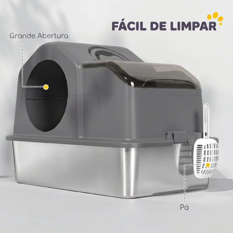 PawHut Caixa de Areia Fechada para Gatos com Bandeja em Aço Inoxidável, Tampa Superior e Entrada Frontal, Cinzento Escuro