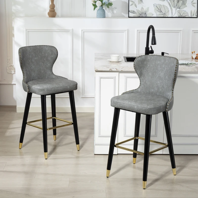HOMCOM Bar Stools Set of 2, PU Leather Barstools with Back, Footrest and Wood Legs for Kitchen, Counter, Breakfast Bar, Grey