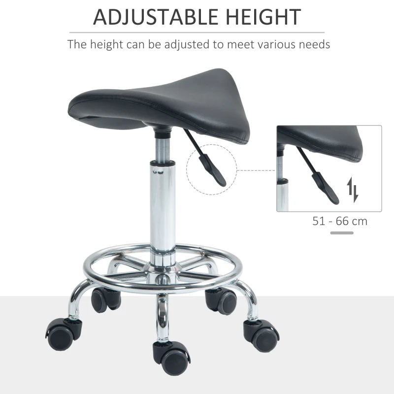HOMCOM Salon Saddle Stool, Rolling Saddle Chair for Massage, Spa, Clinic, Beauty, Hairdressing and Tattoo, Black