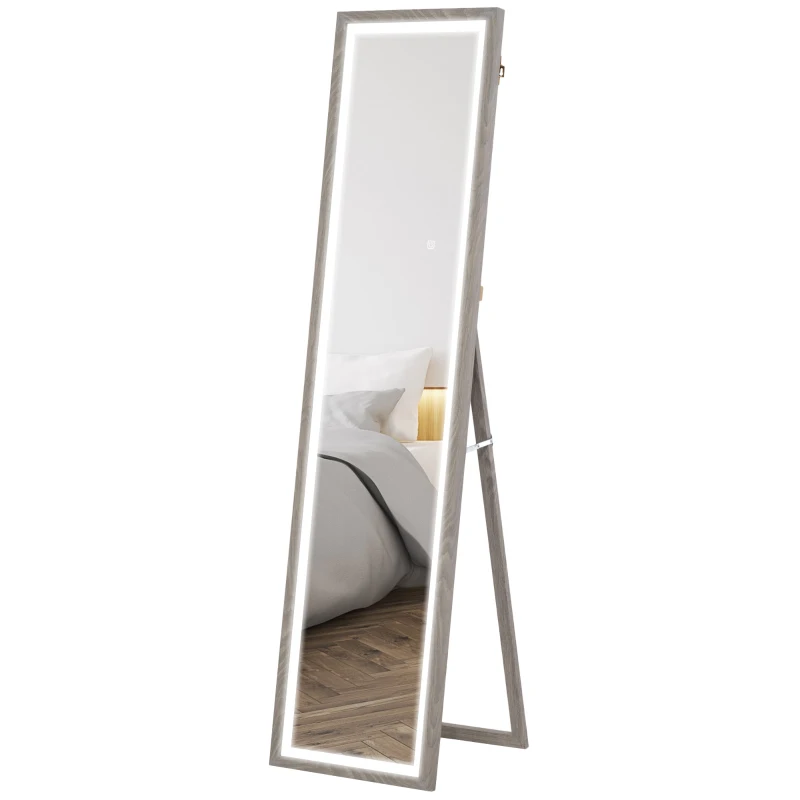 HOMCOM Grand miroir pleine longueur, miroir mural ou sur pied rectangulaire, 40 x 160 cm avec éclairage LED 3 couleurs, gris