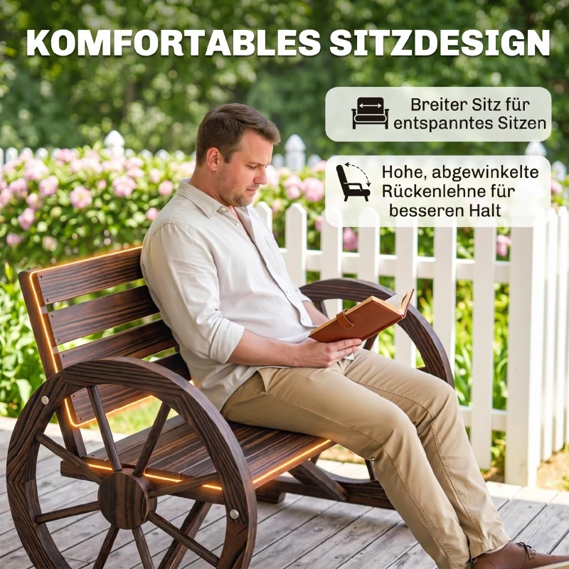 Outsunny Gartenbank 2-Sitzer Sitzbank Holzbank Wagenrad mit Armlehne Landhausstil Tannenholz Braun 105,5 x 59 x 75 cm