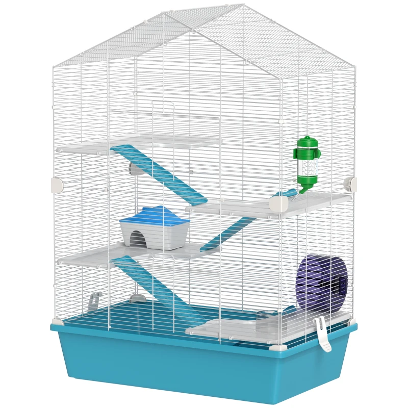 PawHut Gaiola para Hamster de 5 Níveis com Plataformas Comedouro Bebedouro Casa Rampa e Rodas de Exercícios 58x36x81 cm Azul Claro