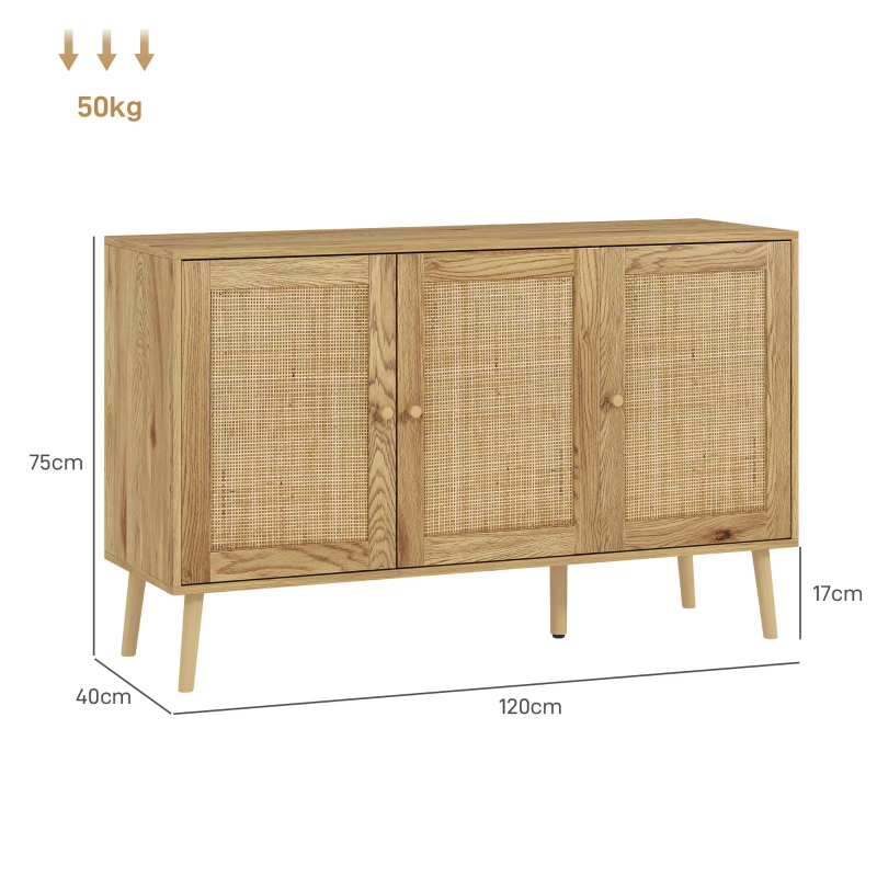 HOMCOM Aparador para Sala de Estar com 3 Portas em Vime Aparador Estilo Boémio, com Prateleiras Ajustáveis 120x40x75 cm Madeira