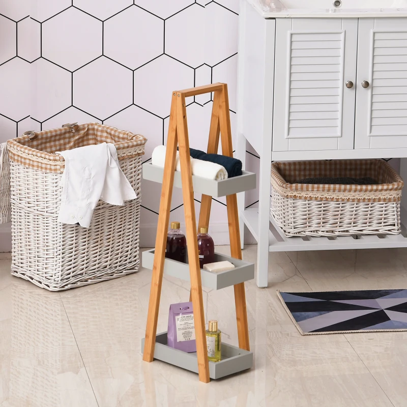 kleankin Estante de Bambú para Casa de Banho com 3 Prateleiras de Armazenamento Móvel Organizador 30x18x81 cm Madeira e Cinza