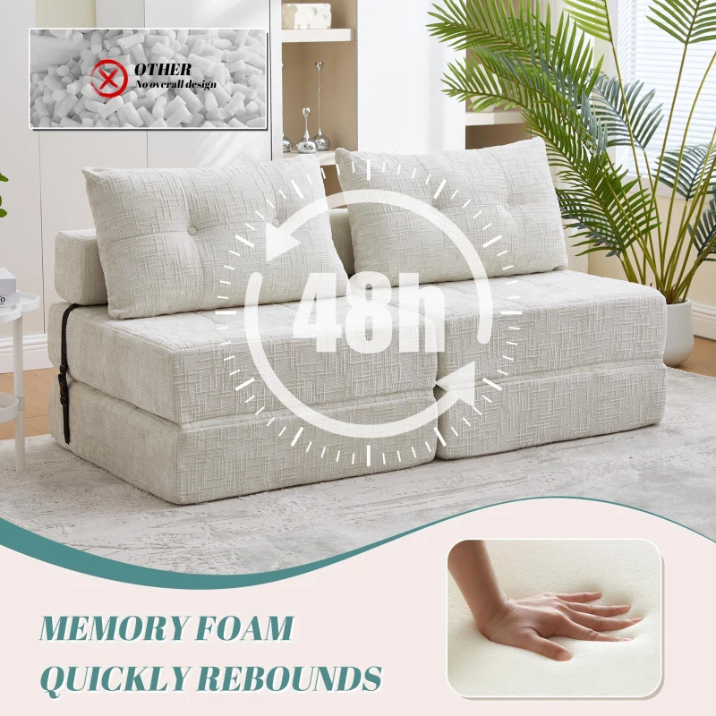 Cozy Convertible Floor Sofa Bed with Button-Tufted Detailing, Soft Chenille Folding Sleeper Couch for Living Room, 180L x 79W x 57H cm, Beige