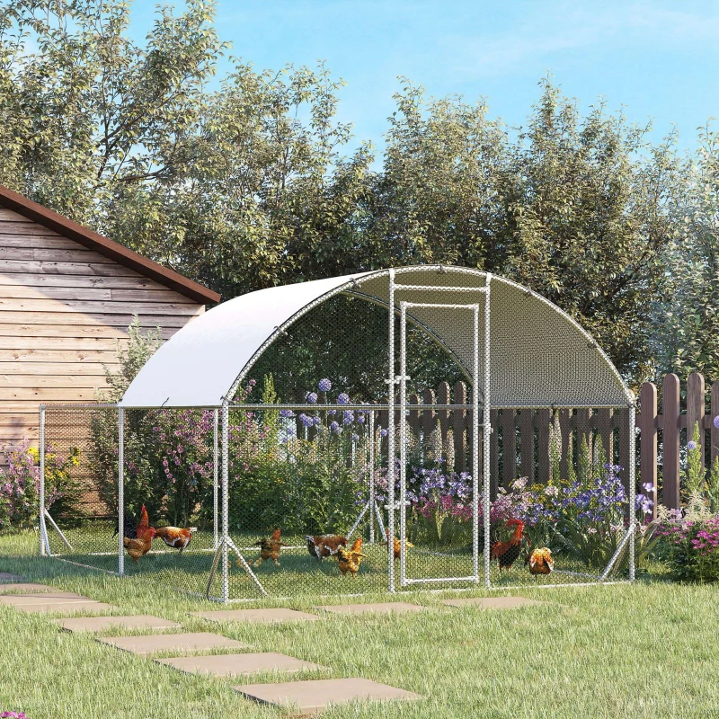 PawHut Galinheiro de Exterior Grande para 10-12 Galinhas de Aço Galvanizado com 2 Ambientes 380x280x195cm Prata