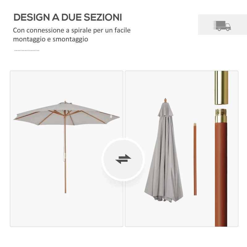 Outsunny Ombrellone da Giardino 3 m con Palo in Legno, 8 Stecche e Parasole in Poliestere, Grigio