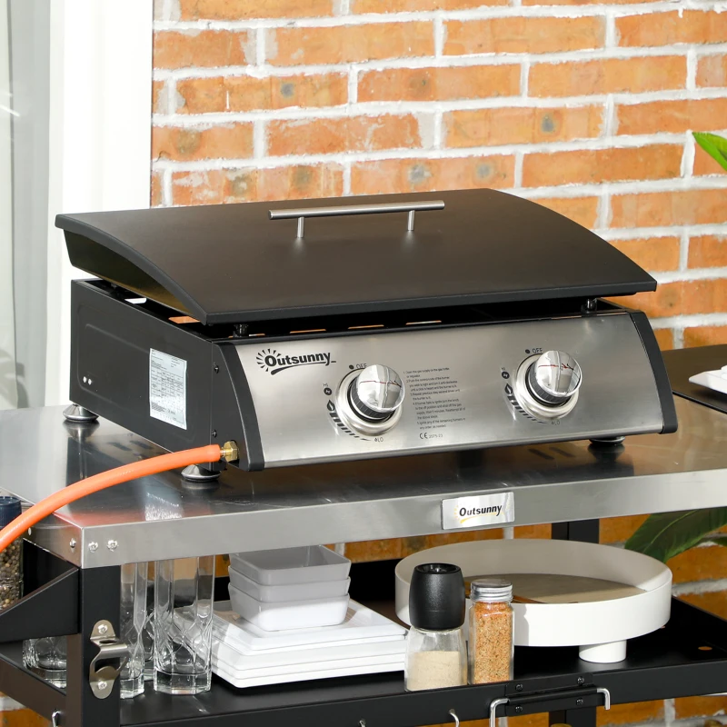 Outsunny Gas Plancha Barbecue Grill with 2 Stainless Steel Burner, 5kW, Portable Tabletop Gas BBQ with Non-Stick Griddle for Camping Picnic Garden Party Festival