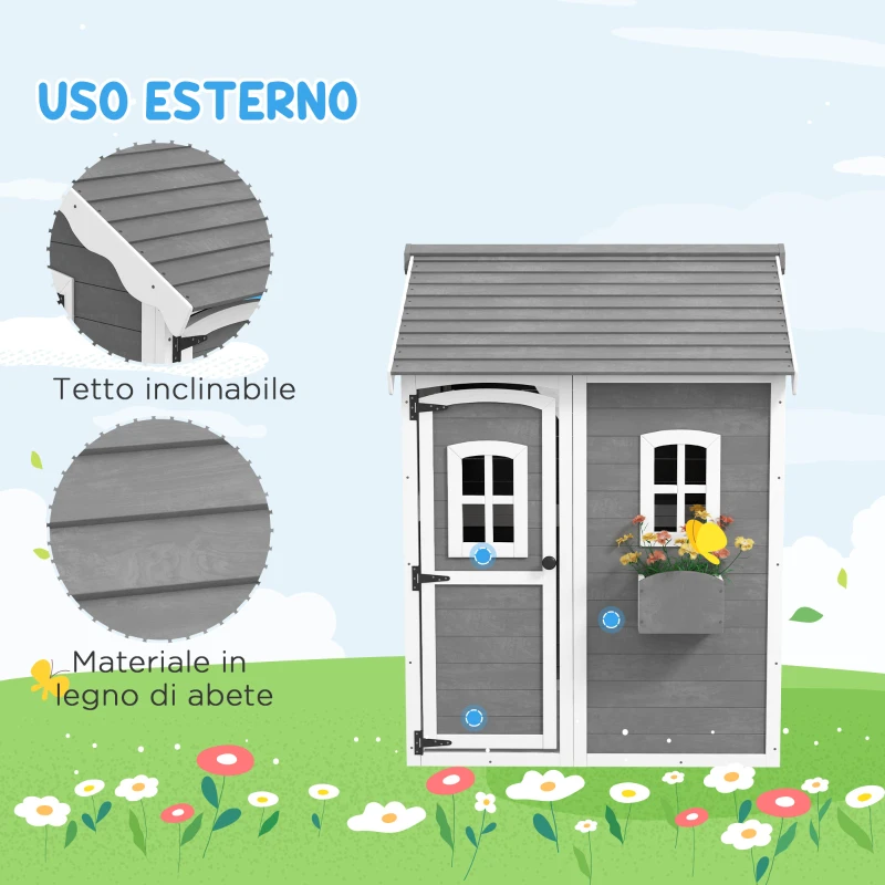 Outsunny Casetta per Bambini 3-8 Anni con 6 Finestre e Fioriera, in Legno di Abete, 104.5x110x137 cm, Grigia