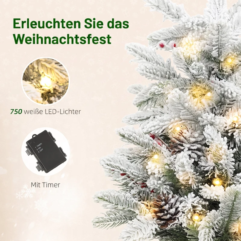 HOMCOM Mini 60cm Weihnachtsbaum mit 35 LED-Lichtern, Schnee-Effekt, Mini-Tischbaum mit Tannenzapfen, Künstlicher Weihnachtsbaum für Weihnachtsdekoration, Weiß