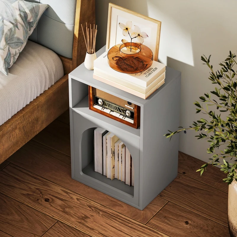HOMCOM Table de chevet, table de nuit avec compartiments ouverts, design arqué, 40 x 30 x 60 cm, gris