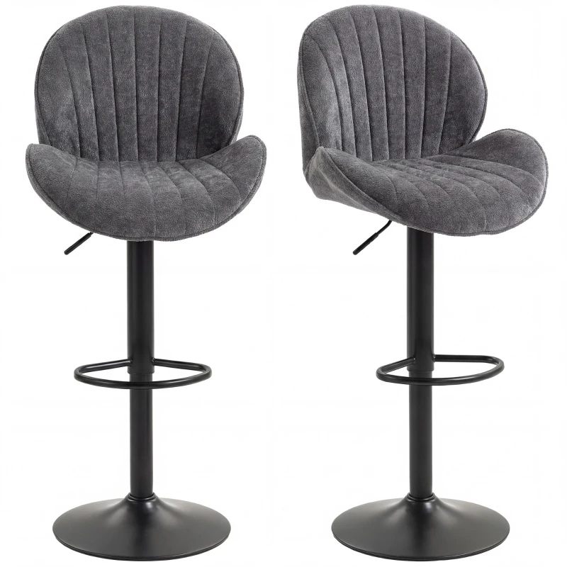 HOMCOM Lote de 2 Taburetes de Bar Regulables 62-83 cm Giratorios 360° con Respaldo y Reposapiés Gris