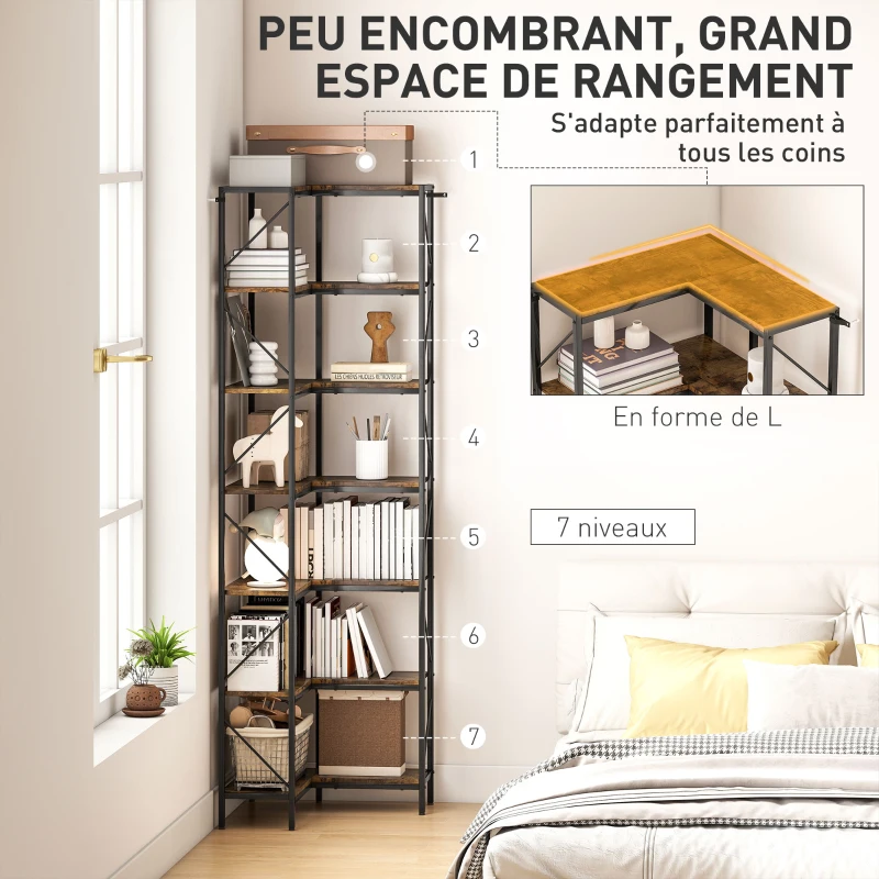 HOMCOM Bibliothèque d'angle à 7 niveaux industriel avec étagères de rangement, 60 x 60 x 198 cm, brun rustique