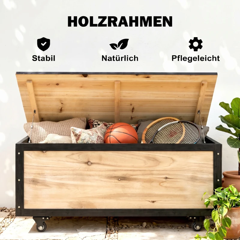 Outsunny Garten-Aufbewahrungsbox, 121 Liter, 2 Räder, wetterfest, Metallscharniere, Naturholz, 100x50x43 cm(m-5)