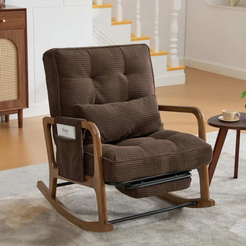 Cozy Rocking Chair with Adjustable Footrest and Side Pocket, Soft Corduroy Glider Armchair for Nursery, 92L x 80W x 70H cm, Coffee