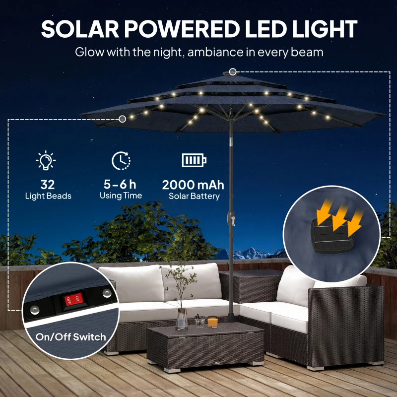 Outsunny 2.8 m Garden Parasol Umbrella with LED Solar Light, Parasol Cover, 3 Tier Outdoor Table Market Patio Umbrella, Navy Blue