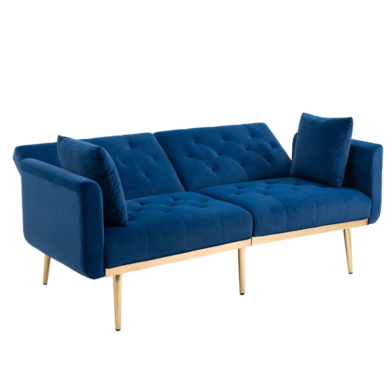Modern 2-Seater Sofa Bed with 3-Position Adjustable Backrest, Soft Velvet Convertible Couch for Living Room, 72.5L x 165W x 75H cm, Navy