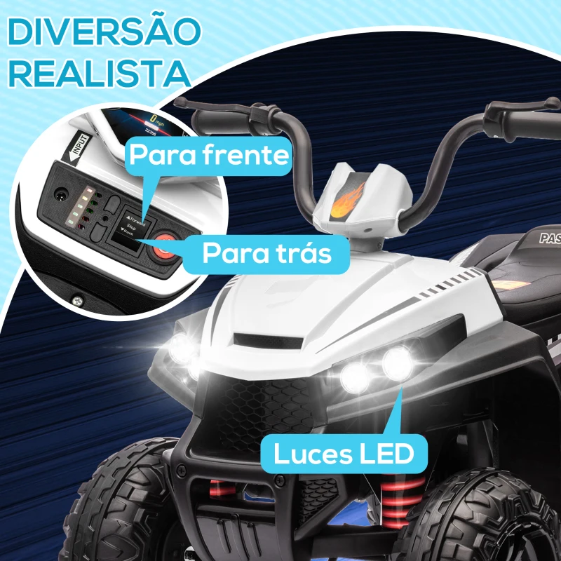AIYAPLAY Quadriciclo Elétrico para Crianças com Bateria 12V Faróis e Música Carga 30 kg 85x55,5x62 cm Branco