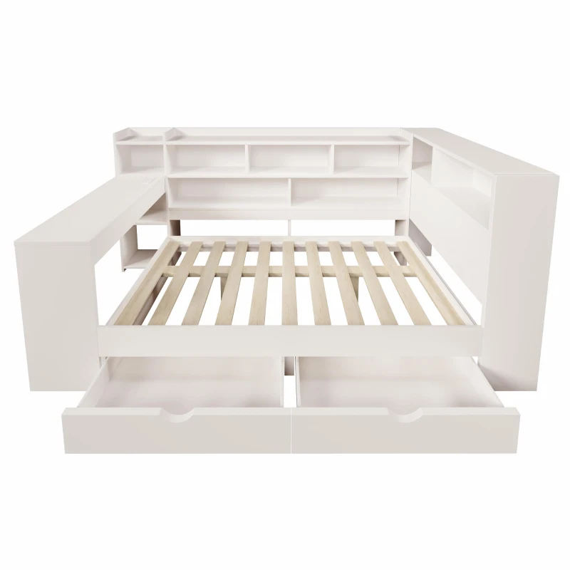4ft6 Double Daybed with Built-In Desk and Storage Drawers, Modern Wooden Frame Sleeper Bed for Home Office, 263L x 159W x 100H cm, White