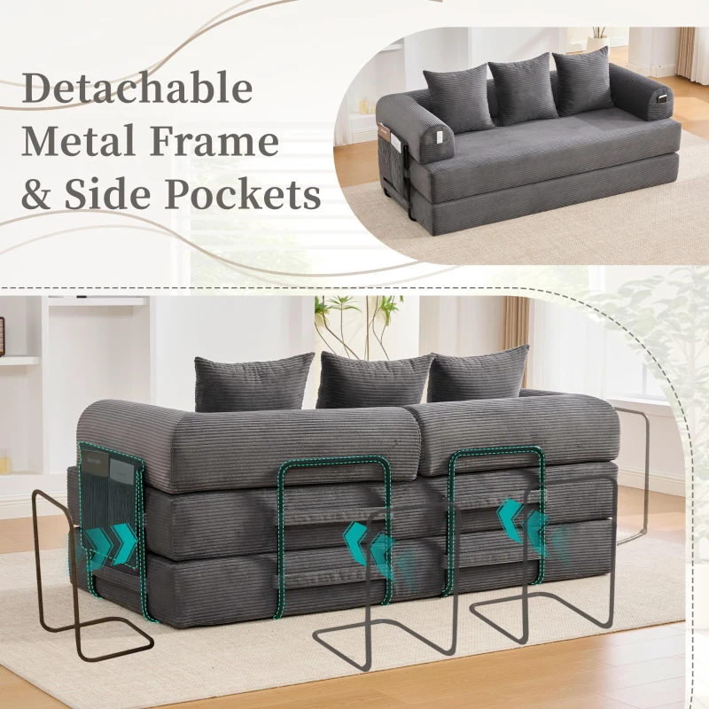 Cozy Compressible Folding Sofa with Detachable Metal Frame, Soft Modular Sectional Couch for Small Apartment, 110L x 33W x 33H cm, Dark Gray