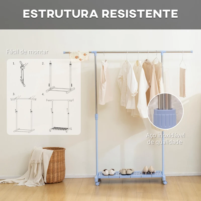 HOMCOM Charriot com Rodas com Barra de Aço Inoxidável e Prateleira para Sapatos Altura Ajustável 94-159x42x93-168 cm Azul