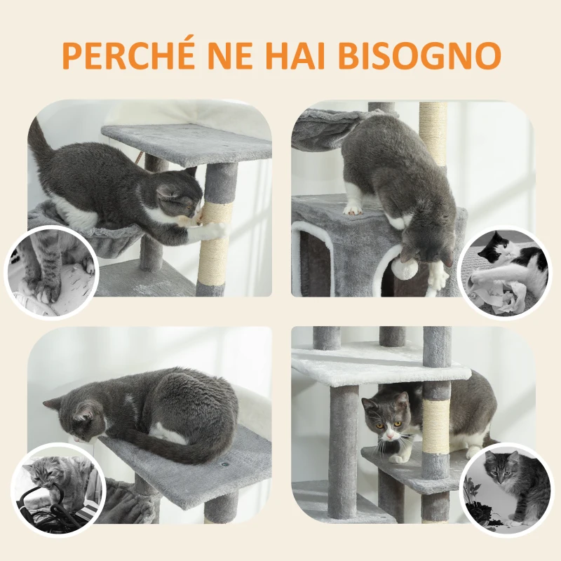 PawHut Albero Tiragraffi per Gatti con 2 Casette, Rampa, Trespoli e 4 Palline, 48x40x165 cm, Grigio e Bianco