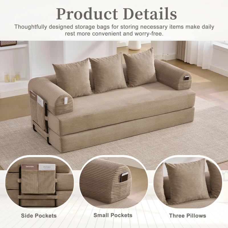 Cozy Compressible Folding Sofa with Detachable Metal Frame, Soft Modular Sectional Couch for Small Apartment, 110L x 33W x 33H cm, Khaki