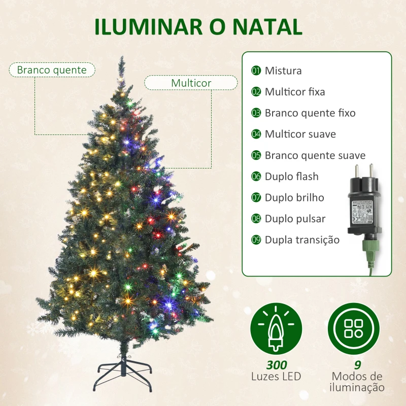 HOMCOM Árvore de Natal 180 cm com Luzes LED 9 Modos de Iluminação 802 Ramos e Neve Artificial Verde
