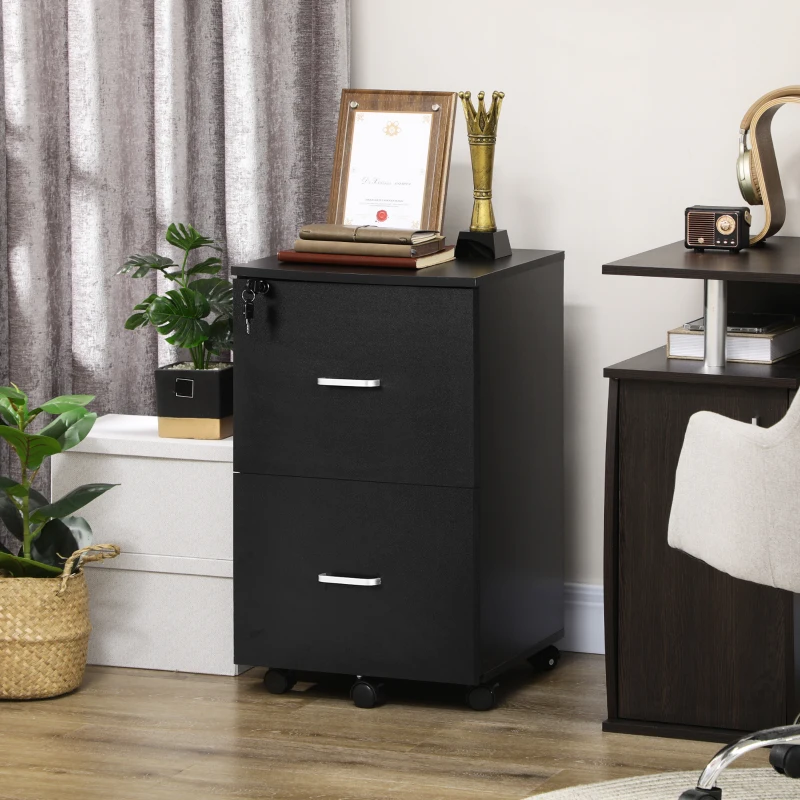 Vinsetto Armadietto da Ufficio con 2 Cassetti e 5 Ruote, Schedario in MDF e Truciolato, 43x45x72 cm, Nero