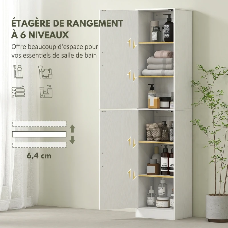 HOMCOM Meuble de salle de bain colonne avec 2 portes et 4 étagères réglables, 40 x 35 x 180 cm, blanc