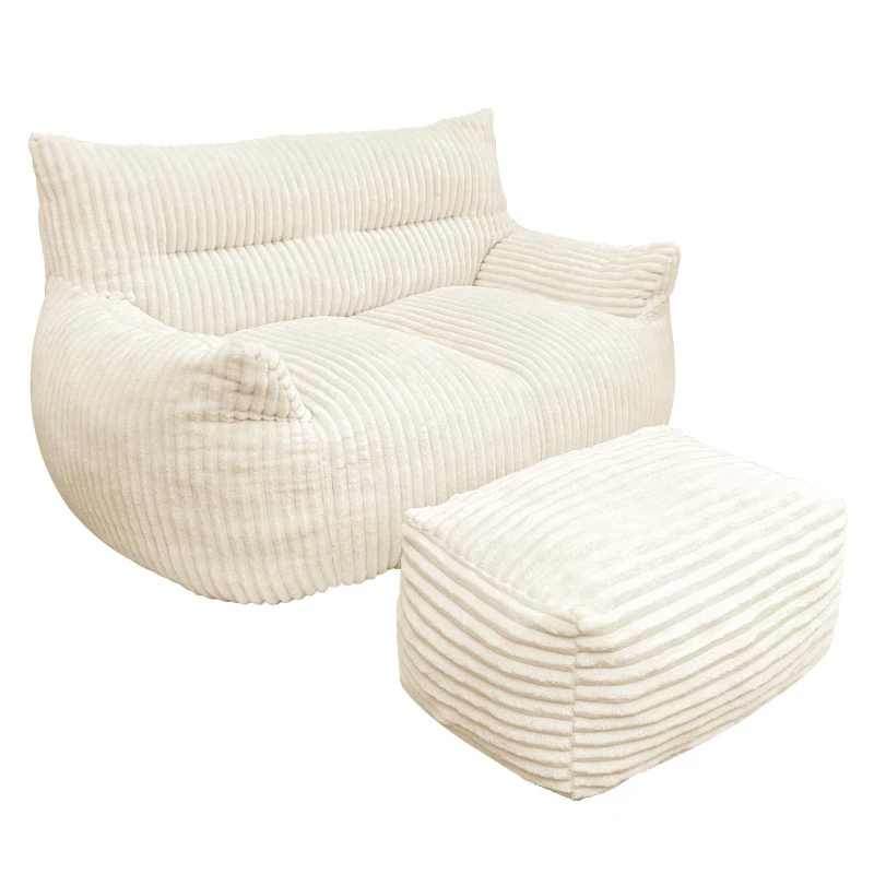 Oversized 2-Seater Corduroy Sofa with Ottoman, Comfortable Couch for Couples and Family, 100L x 135W x 75H cm, White