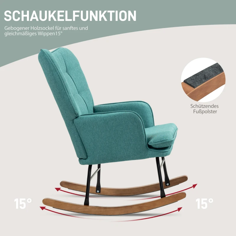 HOMCOM Schaukelstuhl mit Fußhocker, breite Sitzfläche, hohe Rückenlehne, Leinenimitat, Mintgrün