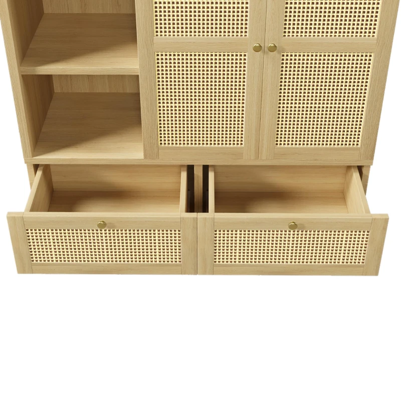 Rustic Oak Rattan Wardrobe with Clothes Rail and 2 Drawers, Wooden Armoire Closet Cabinet for Bedroom, 120L x 50W x 180H cm, Oak