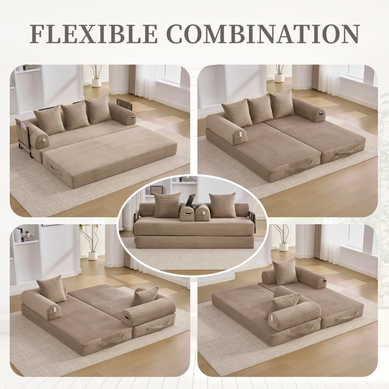 Cozy Compressible Folding Sofa with Detachable Metal Frame, Soft Modular Sectional Couch for Small Apartment, 110L x 33W x 33H cm, Khaki