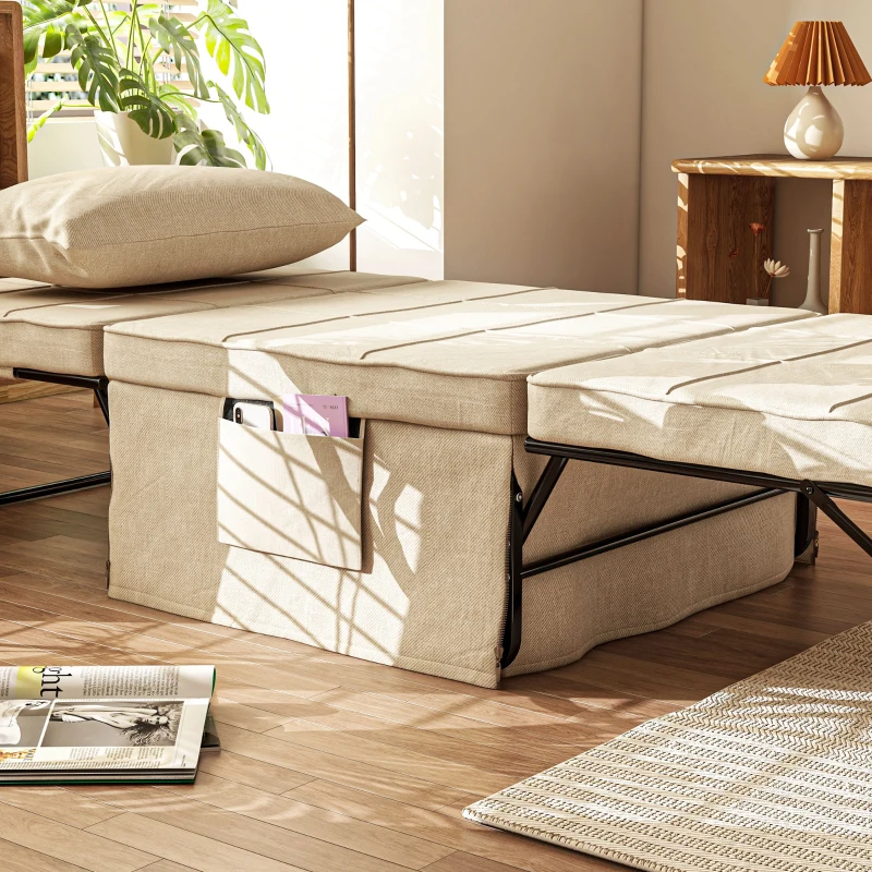 HOMCOM Sofá Cama 4 em 1  Estofado em Linho com Encosto Ajustável em 5 Níveis e Almofada Acolchoada  75x80x74 cm Creme