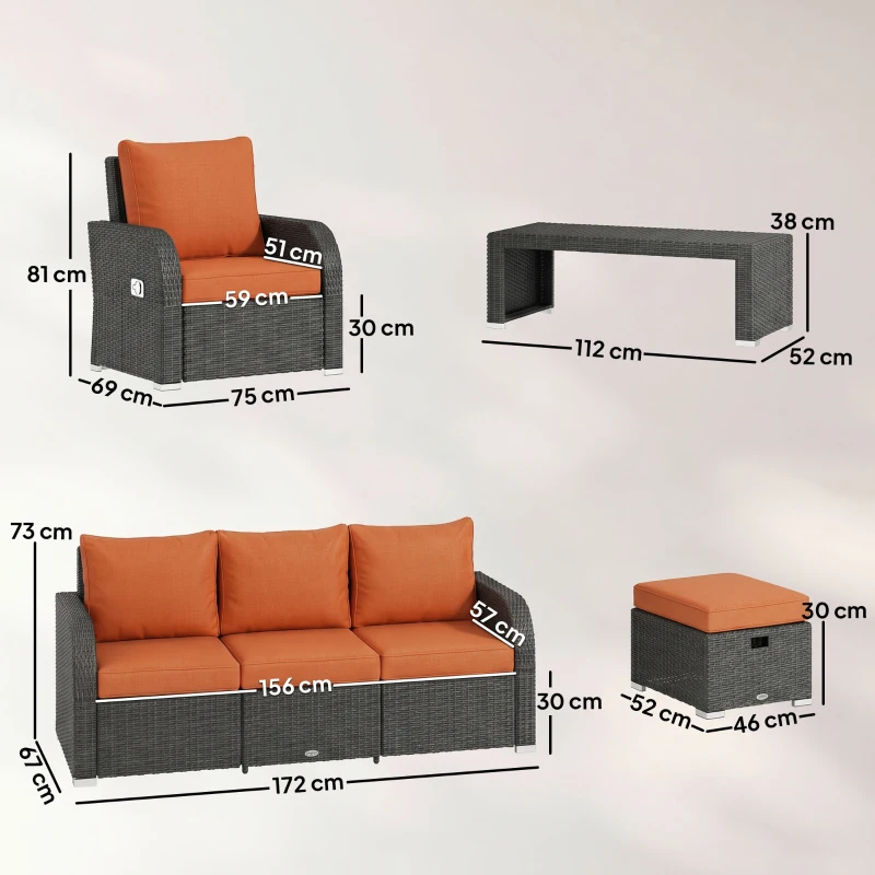 Outsunny Six-piece Outdoor Rattan Dining Set, Outdoor Sofa Set with Reclining Armchairs and Mental Frame, Orange
