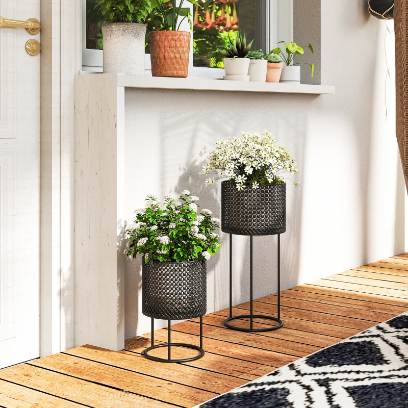 Outsunny Metal Plant Pots Set of 2 with Hollow Design Flower Planters for Garden Balcony Black