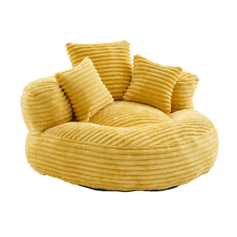 Plush Oversized Bean Bag Chair with High Back & 3 Pillows, Cozy Corduroy Floor Lounger Sofa for Living Room, 108L x 108W x 52H cm, Mustard Yellow