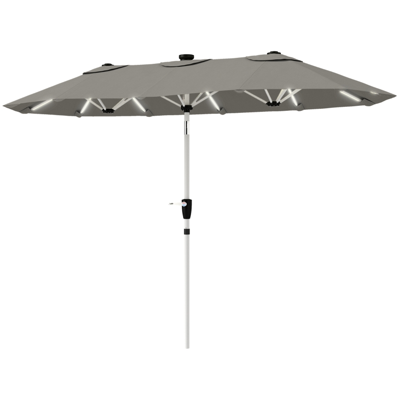 Outsunny 3 m Double-Sided Garden Parasol with LED Solar Lights, Tilt, Outdoor Extra Large Sun Umbrella with Crank Handle, Grey