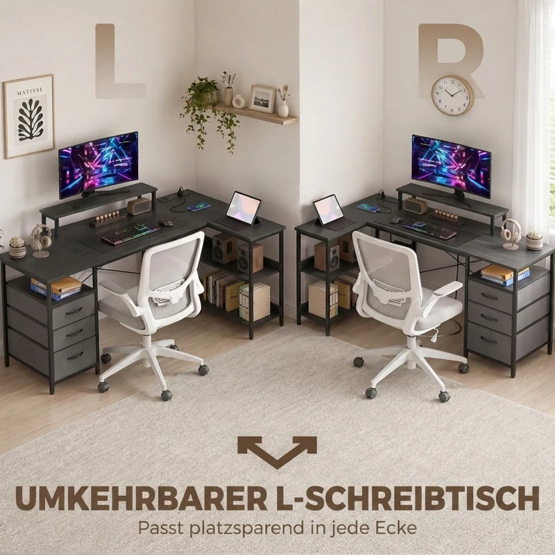 HOMCOM Schreibtisch in L-Form, umkehrbarer Eckschreibtisch mit Schubladen und Regalen, 170 cm, Schwarz