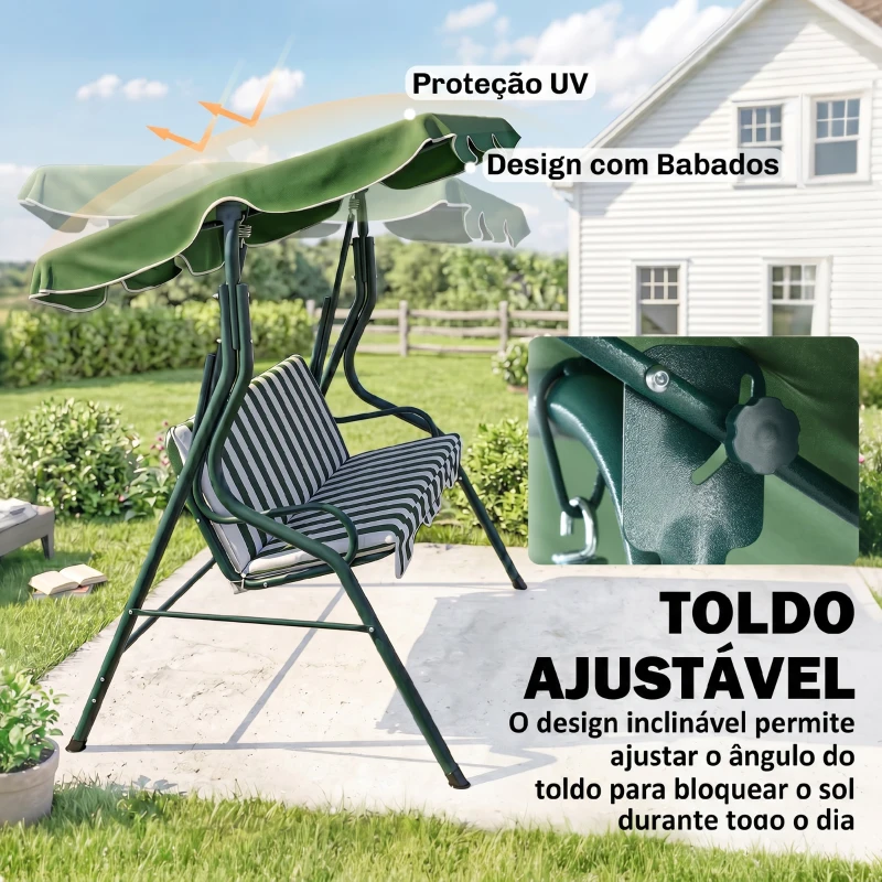 Outsunny Baloiço de Jardim de 2-3 Lugares com Almofada Toldo Ajustável Terraço Patio Capacidade 240kg 170x110x153cm Verde e Branco