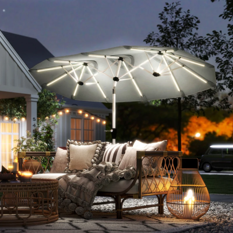 Outsunny 3 m Double-Sided Garden Parasol with LED Solar Lights, Tilt, Outdoor Extra Large Sun Umbrella with Crank Handle, Grey