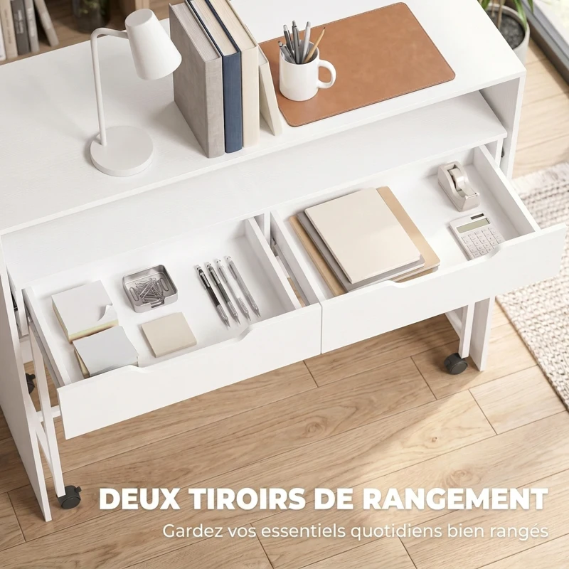 HOMCOM Bureau d'Ordinateur Extensible 100 cm avec 2 Tiroirs, Bureau avec Rangement, Style Moderne, Blanc