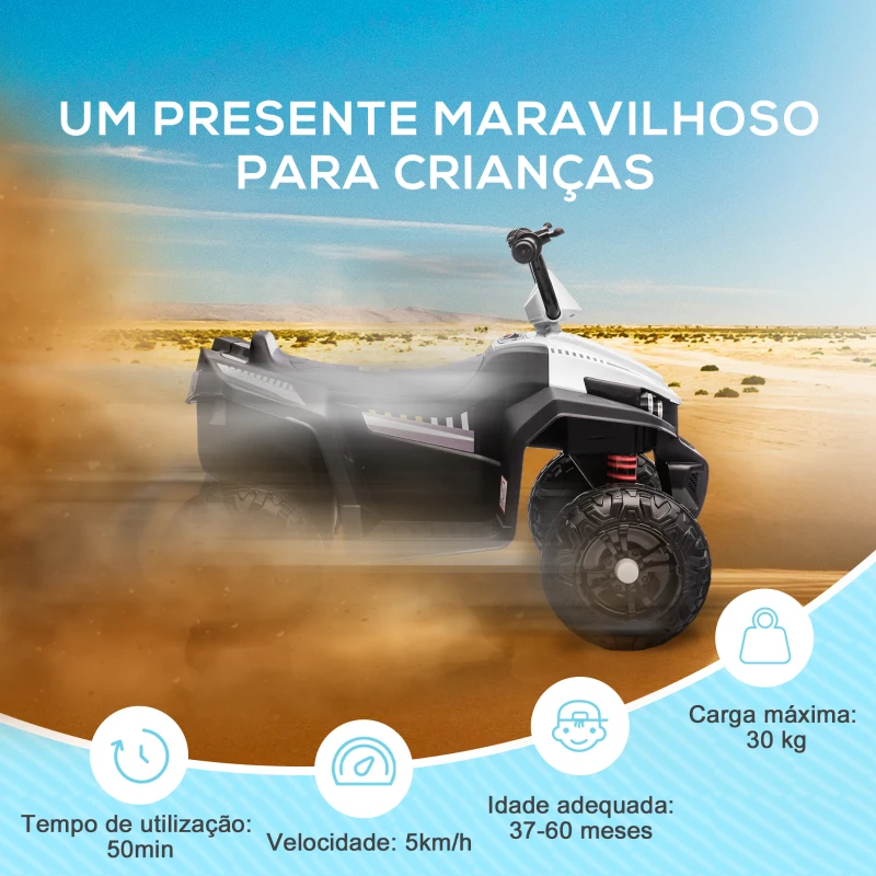 AIYAPLAY Quadriciclo Elétrico para Crianças com Bateria 12V Faróis e Música Carga 30 kg 85x55,5x62 cm Branco
