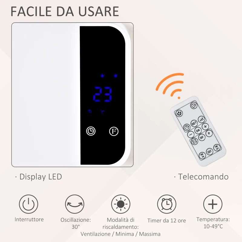 HOMCOM Stufa Elettrica da Parete con Telecomando, Temperatura Regolabile e Timer 12 Ore, Potenza 1000W/2000W, 56x11.5x18.5cm, Bianco