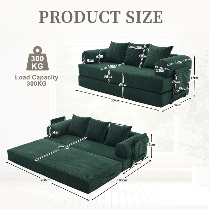 Cozy Compressible Folding Sofa with Detachable Metal Frame, Soft Modular Sectional Couch for Small Apartment, 110L x 33W x 33H cm, Emerald