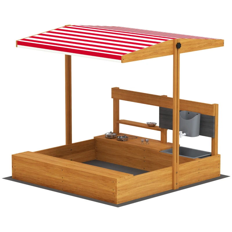 Outsunny Arenero de Madera para Niños con Techo Regulable con Juguetes de Cocina Juego para Niños 3-7 Años 114x110x110 cm Marrón