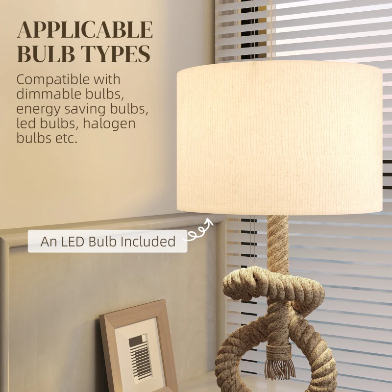 HOMCOM Nautical Table Lamps Set of 2 with USB Charging Port, Bedside Lamps for Bedroom Living Room, Warm White LED Bulb Included, with Hemp Rope, Natural