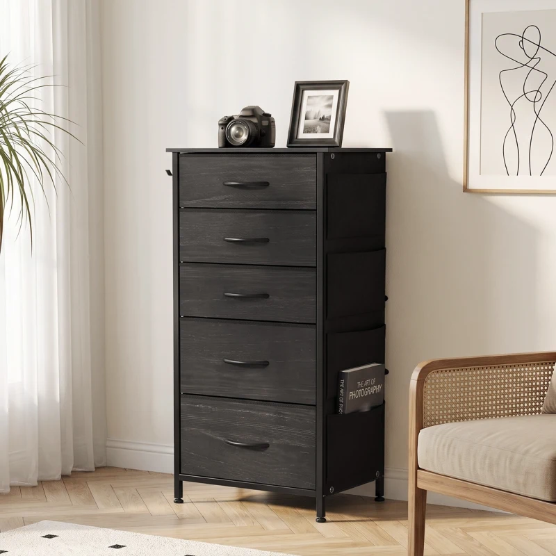 HOMCOM Chest of Drawers, Dresser with 5 Fabric Drawers, Tall Storage Unit with 4 Pockets and 2 Hooks, Steel Frame, Black