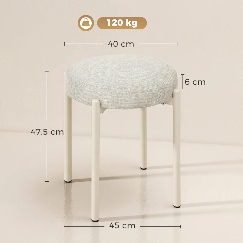 HOMCOM Lot de 4 Tabourets Empilables Ronds avec Assise Rembourrée, sans Dossier, Gain de Place, 45 x 45 x 47,5 cm, Crème